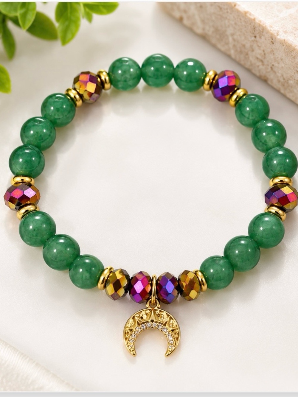 Green Beaded Crescent Moon Charm Bracelet - Unbranded